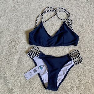 Navy blue, black and white bikini